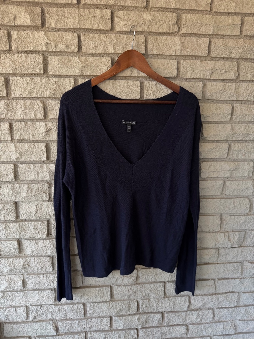 Eileen Fisher Solid Navy V-Neck Knit Lightweight Pullover Sweater Size Large